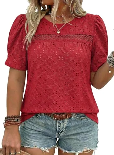 Lace Crew Neck Short Sleeve Blouse II, Fiery Red