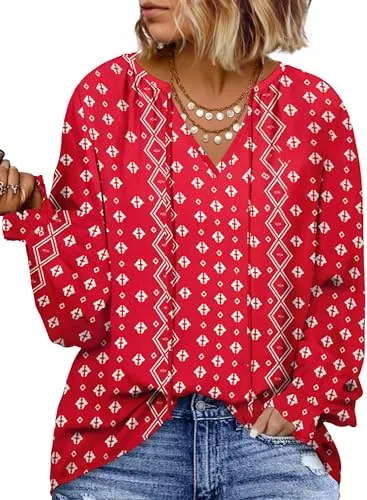 Chiffon V Neck Long Sleeve Shirt, Red