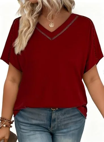 Lace V Neck Short Sleeve Loose Blouse II, Burgundy