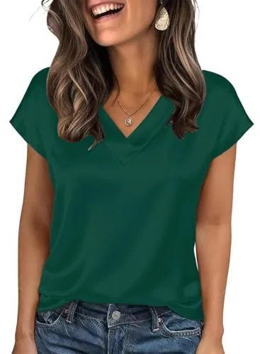 Satin V Neck Short Sleeve Dress, Green