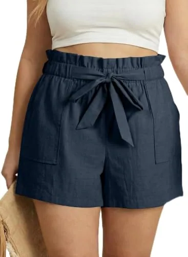 Linen Blend Drawstring Loose Shorts, Dirty Blue
