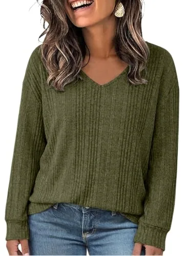 V Neck Long Sleeve Blouse V, Jungle Green