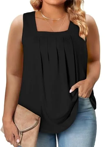 Square Neck Sleeveless Loose Tank Top, Black