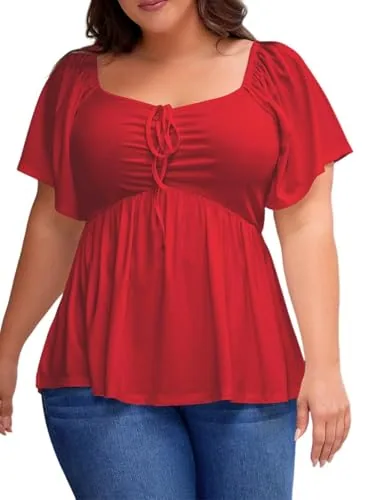 Sweetheart Neck Short Sleeve Smocked Peplum Top, Fiery Red