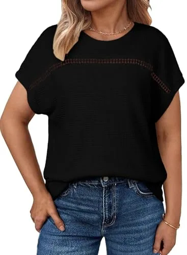 Waffle Knit Crew Neck Short Sleeve Dress, Black