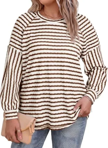 Striped Crew Neck Long Sleeve Tunic, Brown Stripe