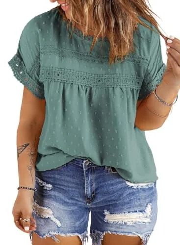 Chiffon Crew Neck Short Sleeve Blouse, Haze Blue