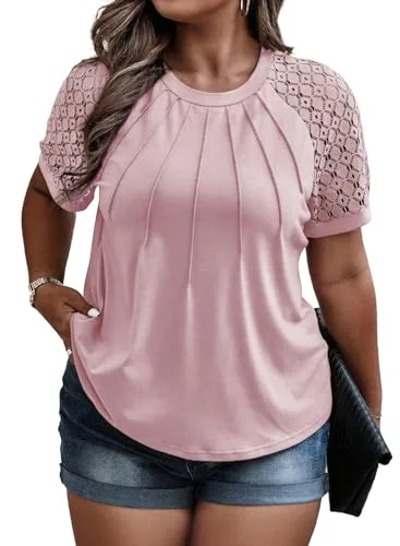 Lace Crew Neck Short Sleeve Loose Blouse, Light Pink