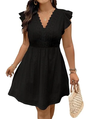 Lace V Neck Cap Sleeve Mini Dress, Black