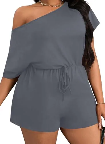 Off the Shoulder Short Sleeve Loose Romper, Dark Grey