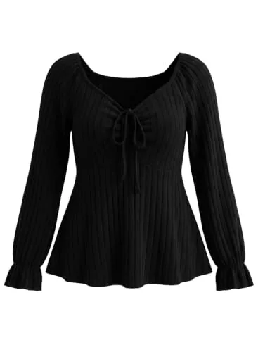 V Neck Long Sleeve Peplum Top, Black