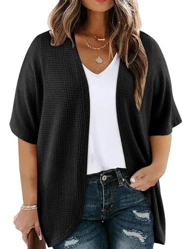 Waffle Knit Loose Kimono Cardigan, Black