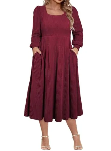Square Neck Long Sleeve Sweater Dress, Burgundy