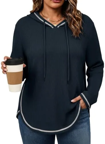 Drawstring V Neck Long Sleeve Hoodie III, Navy Blue