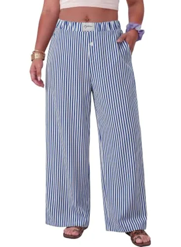 High Waist Pants V, Stripe Blue