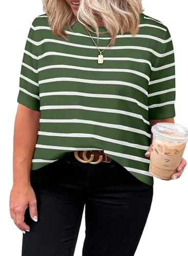 Striped Crew Neck Short Sleeve Pullover Sweater, Green