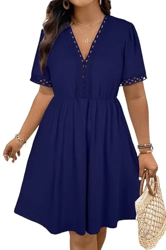 Lace V Neck Short Sleeve Mini Dress, Navy Blue