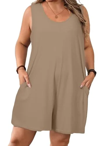 Crew Neck Sleeveless Loose Romper, Camel