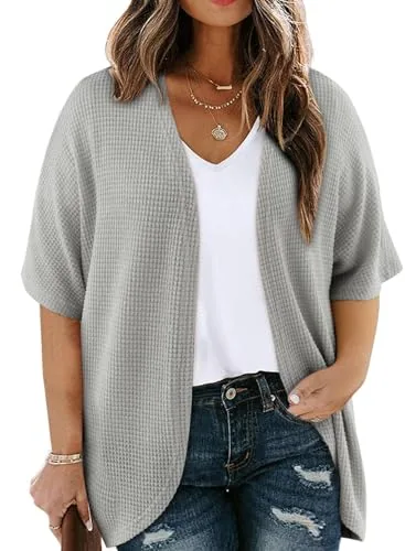Waffle Knit Short Sleeve Kimono Cardigan, Gray