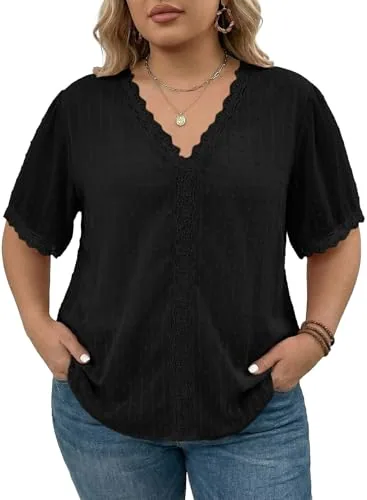 Lace V Neck Short Sleeve Blouse II, Black