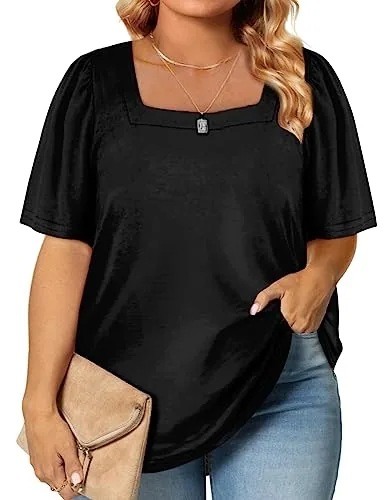 Square Neck Puff Sleeve Loose Tee, Black