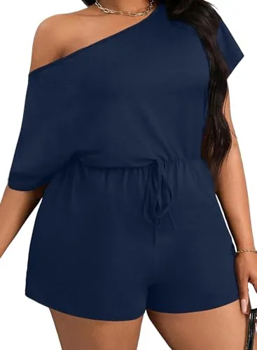 Off the Shoulder Short Sleeve One-Piece Swimsuit, Navy Blue
