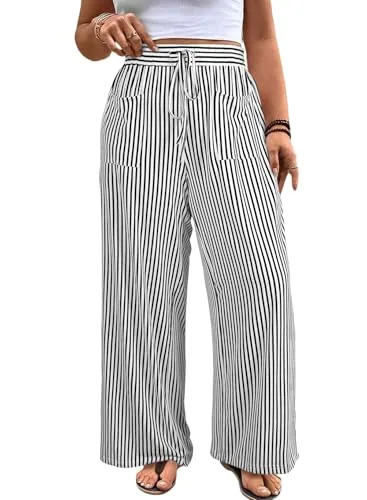 Striped Elastic Waist Wide Leg Palazzo Pants, Black Stripe