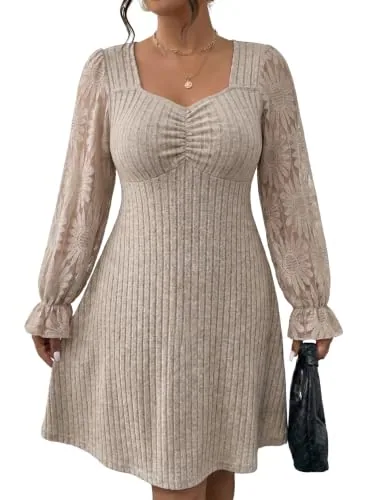 Square Neck Long Sleeve Dress, Khaki