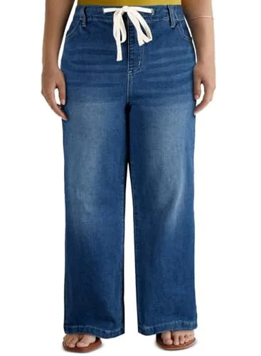 Elastic Waist Wide Leg Jeans, Dark Blue