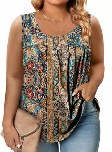 Floral Crew Neck Sleeveless Tank Top, Sky Blue