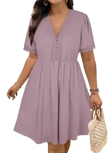 Lace V Neck Short Sleeve Mini Dress, Pink