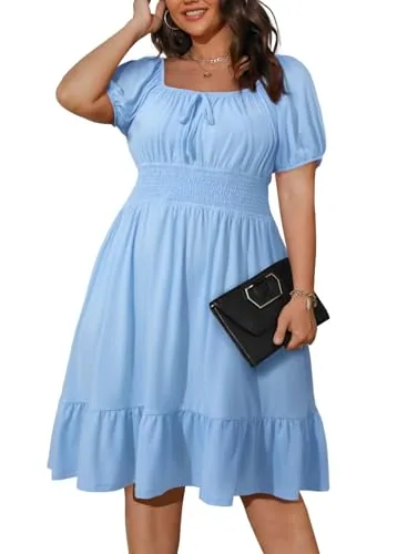 Square Neck Short Sleeve Flowy Mini Dress, Mist Blue