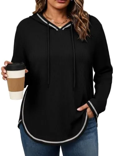 V Neck Long Sleeve Drawstring Sweatshirt III, Black