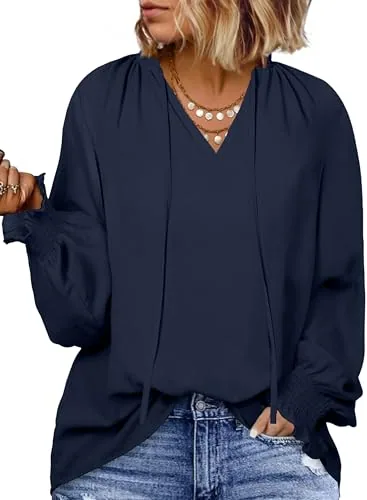 Chiffon V Neck Long Sleeve Shirt, Blue (C)