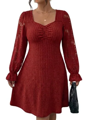 Square Neck Long Sleeve Dress, Red