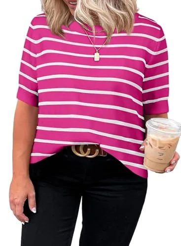 Striped Ribbed Knit Round Neck Pullover Sweater, Rose