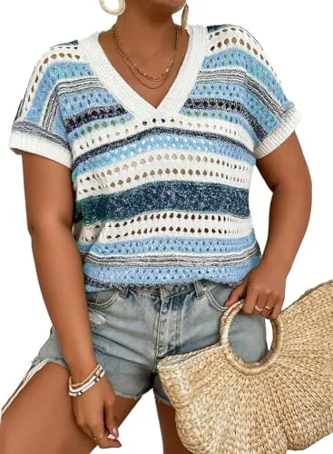 Striped V Neck Short Sleeve Sweater, Sky Blue