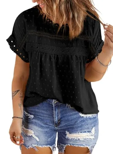 Chiffon Crew Neck Short Sleeve Shirt, Black