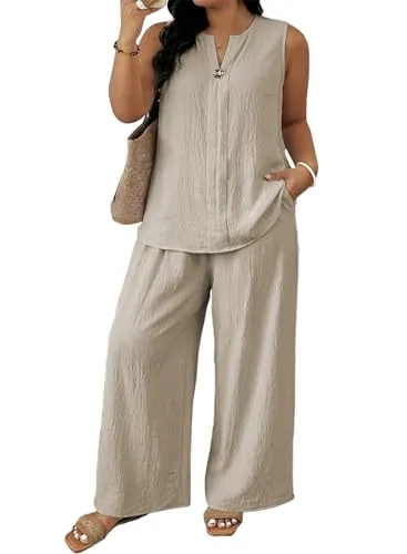 High Waist V Neck Sleeveless Lounge Set, Apricot