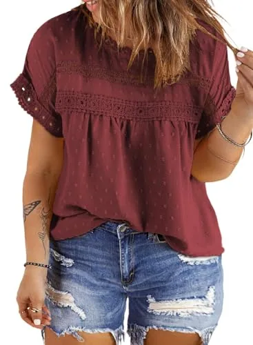 Chiffon Crew Neck Short Sleeve Blouse, Red