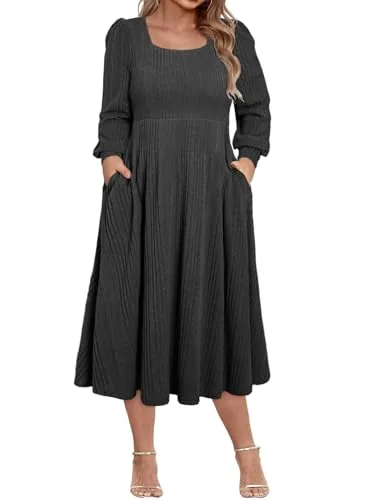 Ribbed Knit Square Neck Long Sleeve Sweater Dress, Carbon Grey