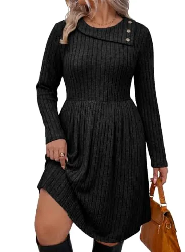 Crew Neck Long Sleeve Dress, Black