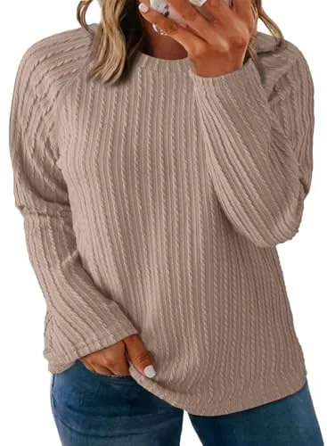 Crew Neck Long Sleeve Pullover Sweater, Khaki