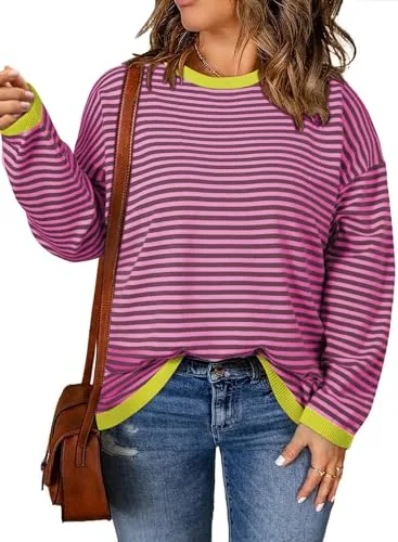Striped Round Neck Long Sleeve Pullover Sweater, Dark Red