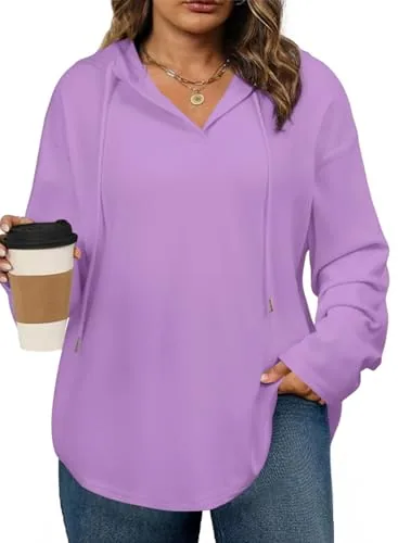 V Neck Long Sleeve Drawstring Sweatshirt, Purple