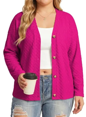 V Neck Long Sleeve Cardigan, Rose Red