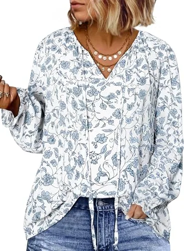 V Neck Long Sleeve Drawstring Blouse, Sky Blue
